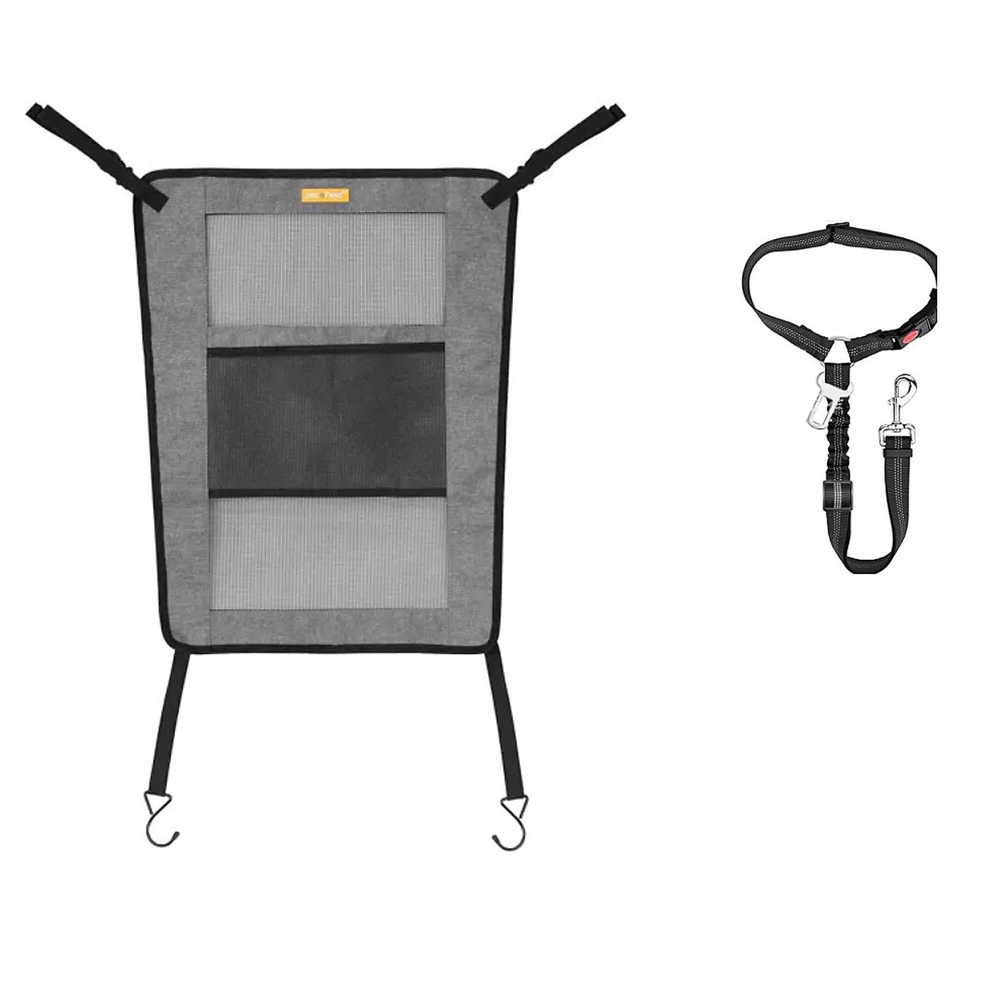 Pet Field 2-Piece Car Seatbelt Kit with Pet Barrier – Adjustable Pet Safety Leash & Back Seat Divider